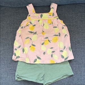 Pink Lemon Print linen top with Green Shorts
